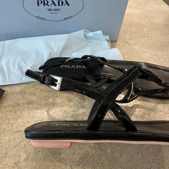 Prada Leather logo Sandals 39.5  $900 Lg triangle emblem with Box - Picture 6 of 7